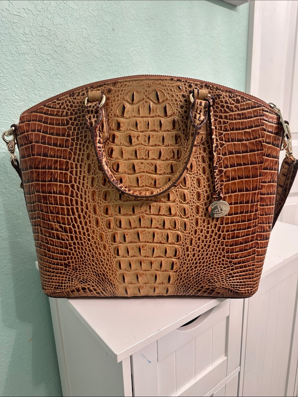 Brahmin Croc-Embossed Tote Bag in Two-Tone Brown